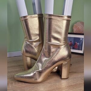 Gold Ankle Boots Pull On Block Heel Pointed Toe 40